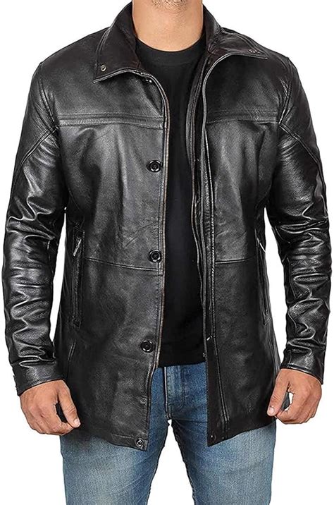 mens black leather coat 3 4 length leather jackets for men at amazon men s clothing store