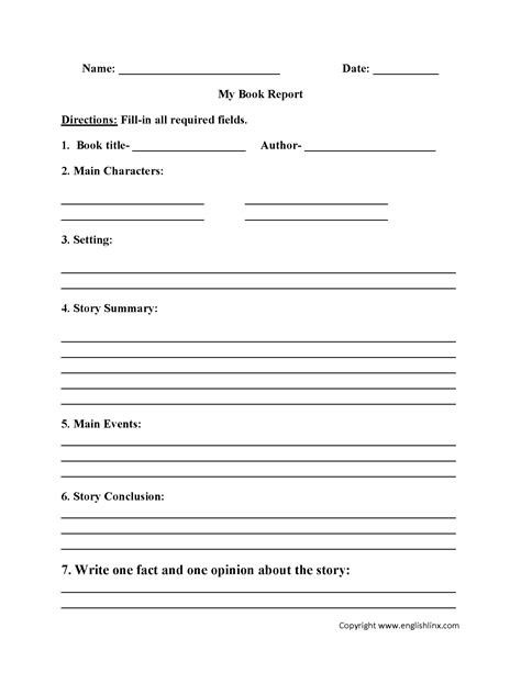 Book Report Template Worksheet