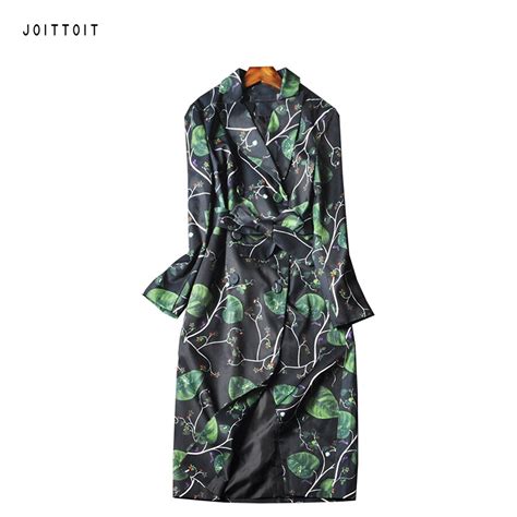 Women Long Trench Coat Office Ladies Floral Print Double