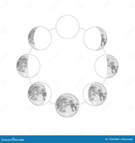Phases Of The Moon Monochrome Hand Drawn Vector Illustration Stock