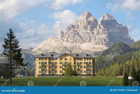 View Of The Grand Hotel Misurina Next To Misurina Lake In The Dolomites