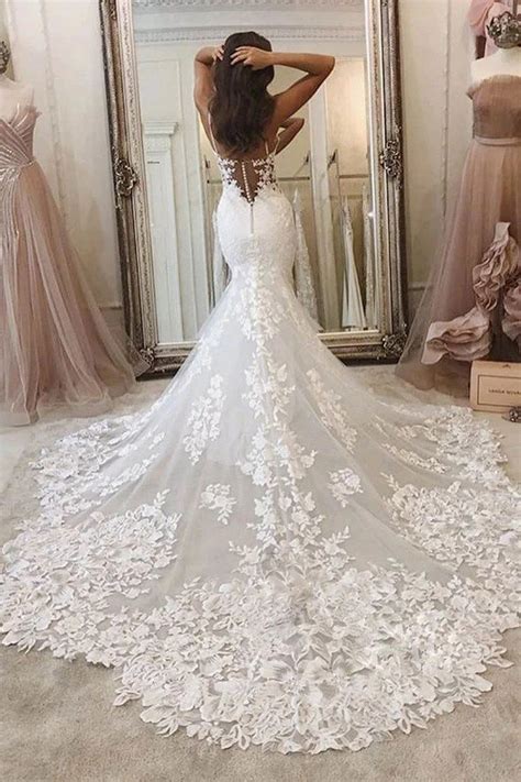 Spaghetti Straps Deep V Neck Mermaid Lace Applique Wedding Dress Pw386 Wedding Dress Train