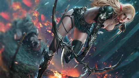 wallpaper digital art fantasy art bow fire archer elven blonde bikini armor 1920x1080