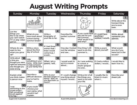 Monthly Writing Prompt Calendars Journal Prompts Lakeshore