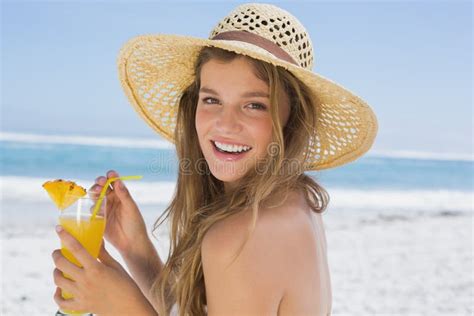 Pretty Smiling Blonde In Bikini Holding Cocktail On The Beach Stock Image Image Of View Hold