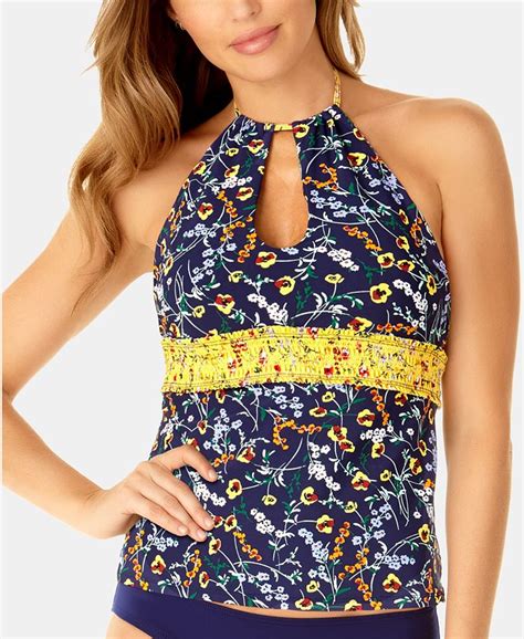 Anne Cole Studio Wildflower Ditsy Printed Smocked High Neck Tankini Top