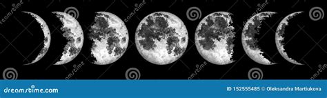 Moon Phases Isolated On Black Background Watercolor Illustration