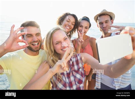Group Of Friends Taking Selfies Stock Photo Alamy
