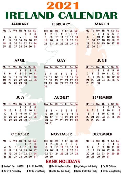 2021 Ireland Calendar With Holidays Printable In 2021 2021 Calendar Riset