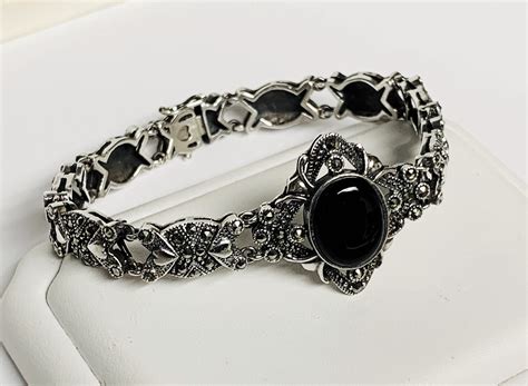 Vintage Sterling Silver Marcasite Black Onyx Victorian Bracelet Large