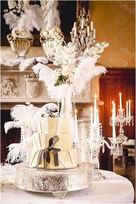 Candy pearl accents dusted gold, and a creative cake topper will make your wedding scream roaring 20's. (photo by carla atley) Great Gatsby Wedding Inspiration at Chateau Challain
