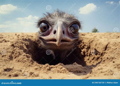 Ostrich Looking Out Of Hole In The Sand With Blue Sky A Scared Ostrich