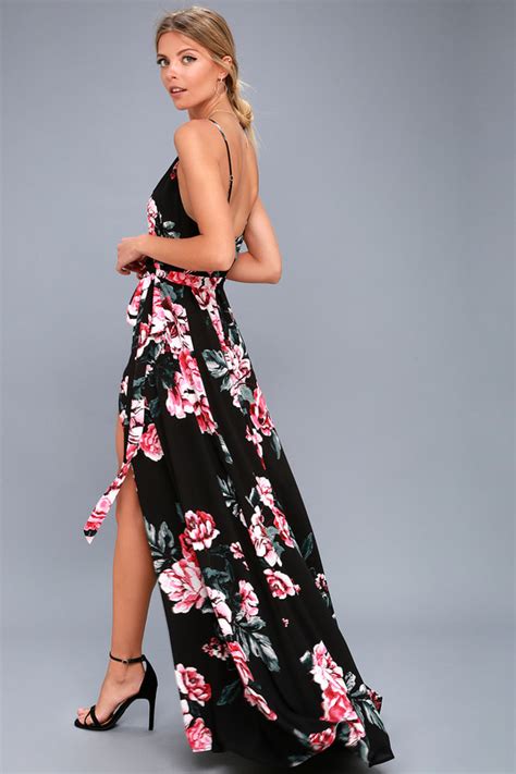 Chic Black Floral Print Dress Wrap Dress Maxi Dress Lulus