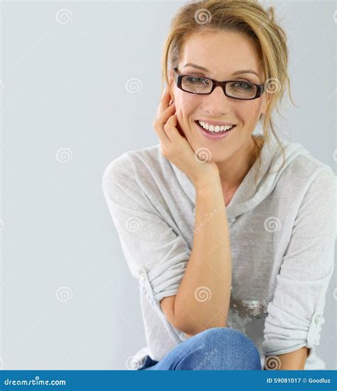 Closeup Of Smiling Woman Wearing Eyeglasses Stock Image Image Of