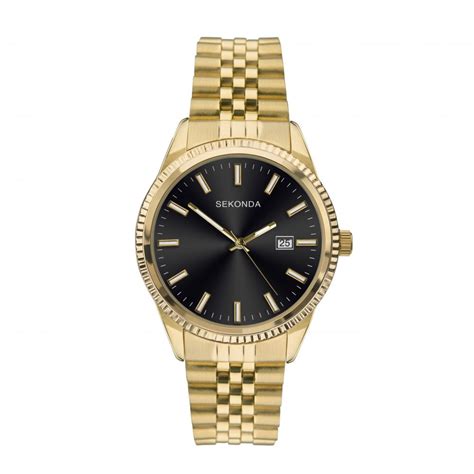 Sekonda Mens Round Black Date Dial Gold Plated Bracelet Watch 1642