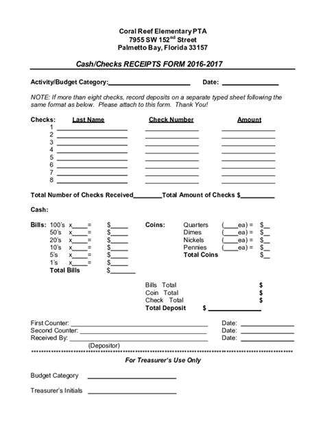 Fillable Online Pta Cash And Check Receiving Form Fax Email Print