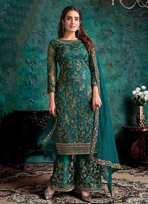 Peacock Blue Satin Net Pant Suit Salwar Kameez Designer Collection