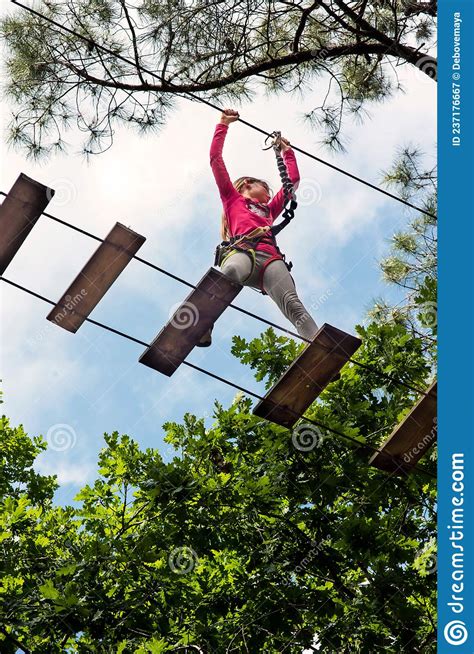 Pretty Young Girl Doing Tree Climbing In A Forest Park In Southwest