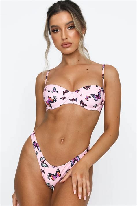 Butterfly Print High Cut Underwire Bandeau Bikini Two Piece Swimsuit Rose Swimsuits