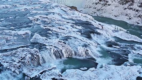 Frozen Gullfoss Waterfall In Winter Iceland Stock Footage Video