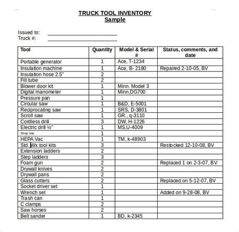 Mechanics Tool Inventory Sheet Excel Templates