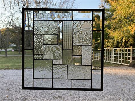 Stained Glass Panel 17 X 17 Clear Textured Glass Geometric Window Hanging Beveled Glass