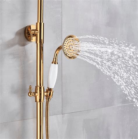 Brass Gold Shower System 3 In 1 Wall Mixer With Adjustable Height