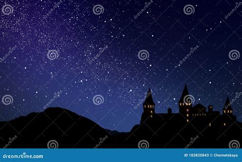 Fairy Tale World Magnificent Castle Under Starry Sky Stock Image