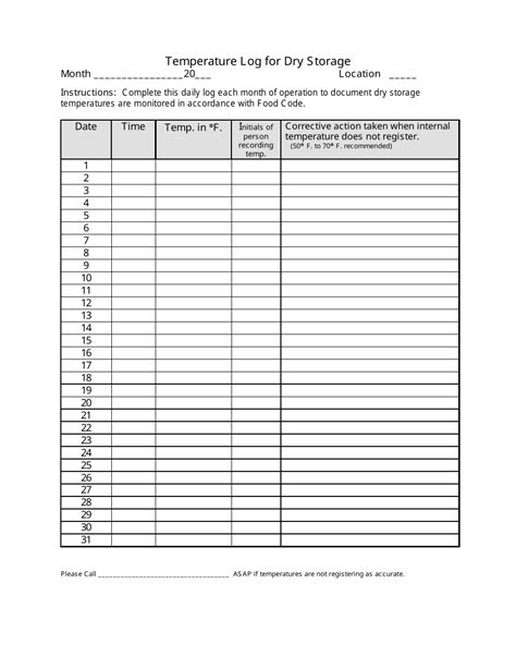 Temperature Log Sheet Printable