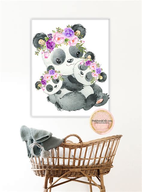 Purple Panda Bear Wall Art Print Peony Nursery Baby Girl Room Watercol