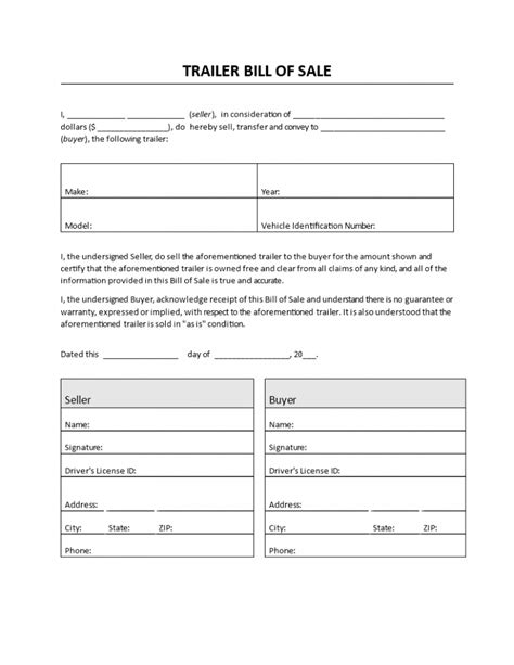 Bill Of Sale For Trailer Template