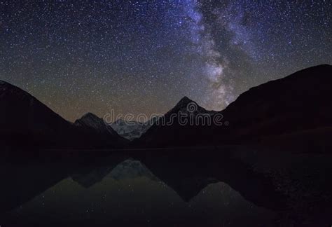 Magic Night Landscape With Mountains Frozen Lake And Amazing St Stock