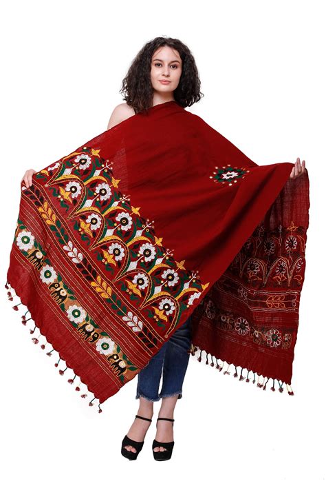 Shawl From Kutch With Embroidered Flowers And Mirrors By Hand