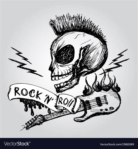 Rock And Roll Skull Guitar Hand Drawing Royalty Free Vector