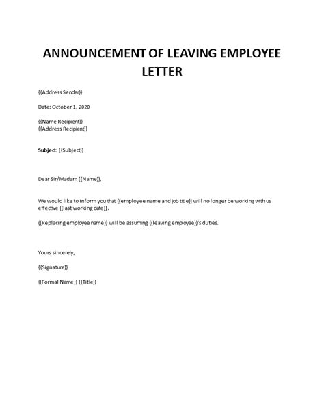 Announcement Of Leaving Employee Letter