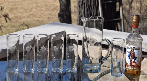 6 Vintage Libbey Etched Collins Glasses With Matching Cocktail Pitcher Mid Century Collins