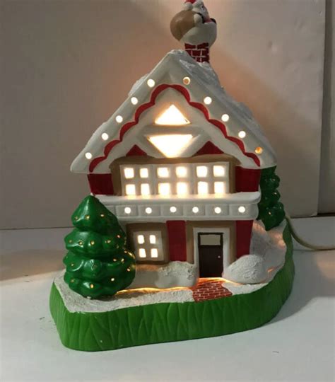 Vtg Lighted Christmas Ceramic Lighted House W Base Santa In Chimney Ebay
