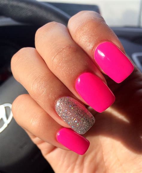 Acrylic Nails Hot Pink Gel With Silver Clear Glitter Pink Acrylic