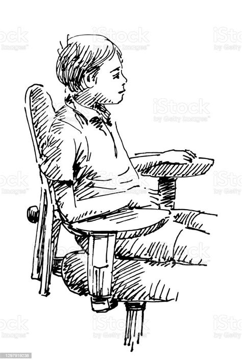 Little Boy Sitting On Chair Hand Drawn Vector Illustration Stock