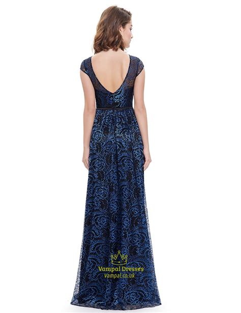 Navy Blue Capped Sleeve V Back Long Prom Dress With Lace Overlay