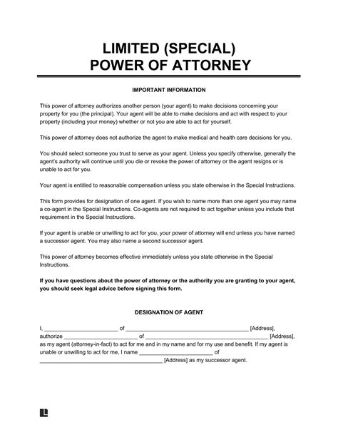 Free Limited Special Power Of Attorney Form Pdf And Word