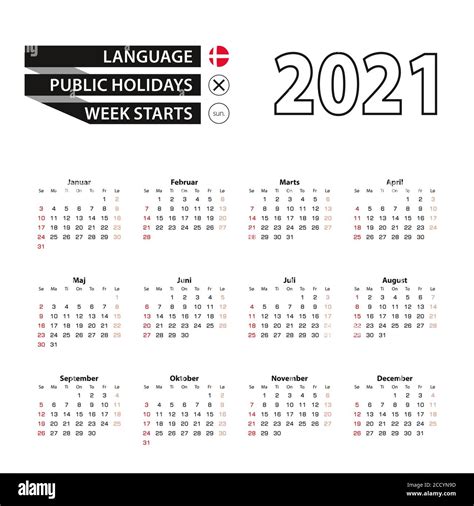 2021 Calendar In Danish Language Week Starts From Sunday Vector