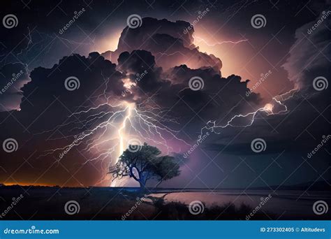 Dramatic Thunderstorm At Night With Lightning Bolts Illuminating The