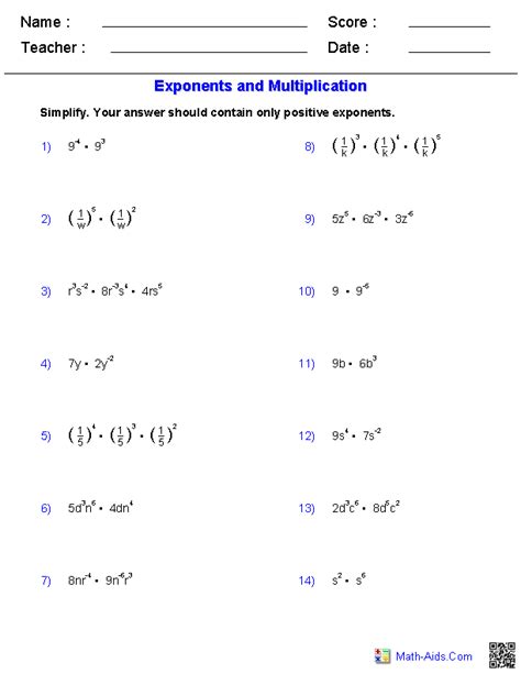 Simplifying Expressions Exponents Worksheet