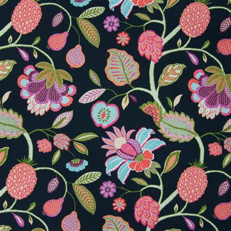 Midnight Black Floral Print Upholstery Fabric