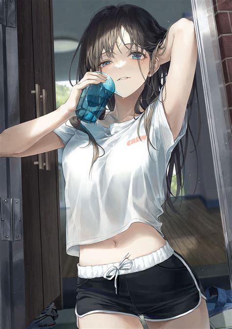 Belly Blue Eyes Dark Hair R O Ha Anime Anime Girls Short Shorts Water T Shirt Artwork