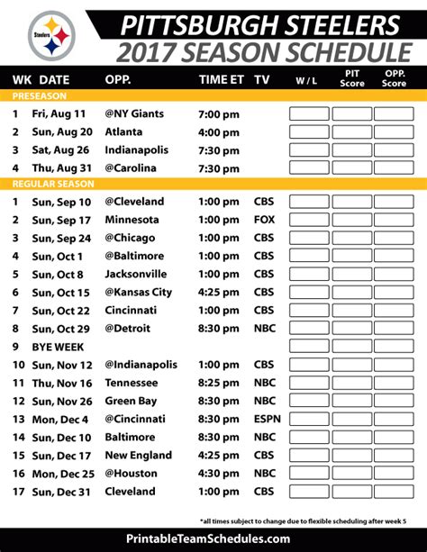 Steelers Printable Schedule Web 1 Hour Agopittsburgh Steelers