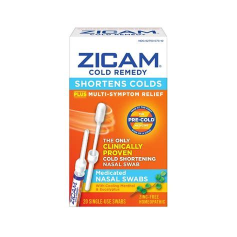 Zicam Cold Remedy Cold Shortening Medicated Nasal Swabs Zinc Free 20ct