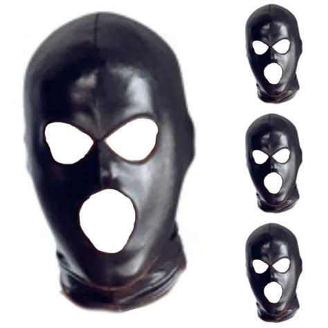 Faux Leather Full Head Hood Mask Open Mouth And Eyes 3 Holes Cosplay