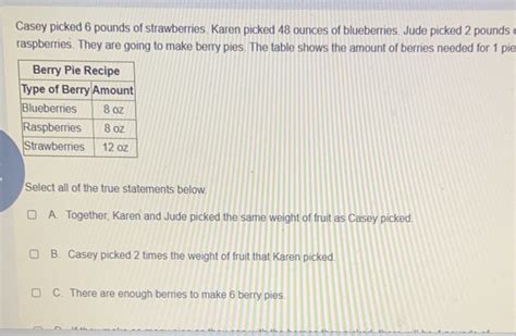 Solved Casey Picked 6 Pounds Of Strawberries Karen Picked Algebra Gauthmath